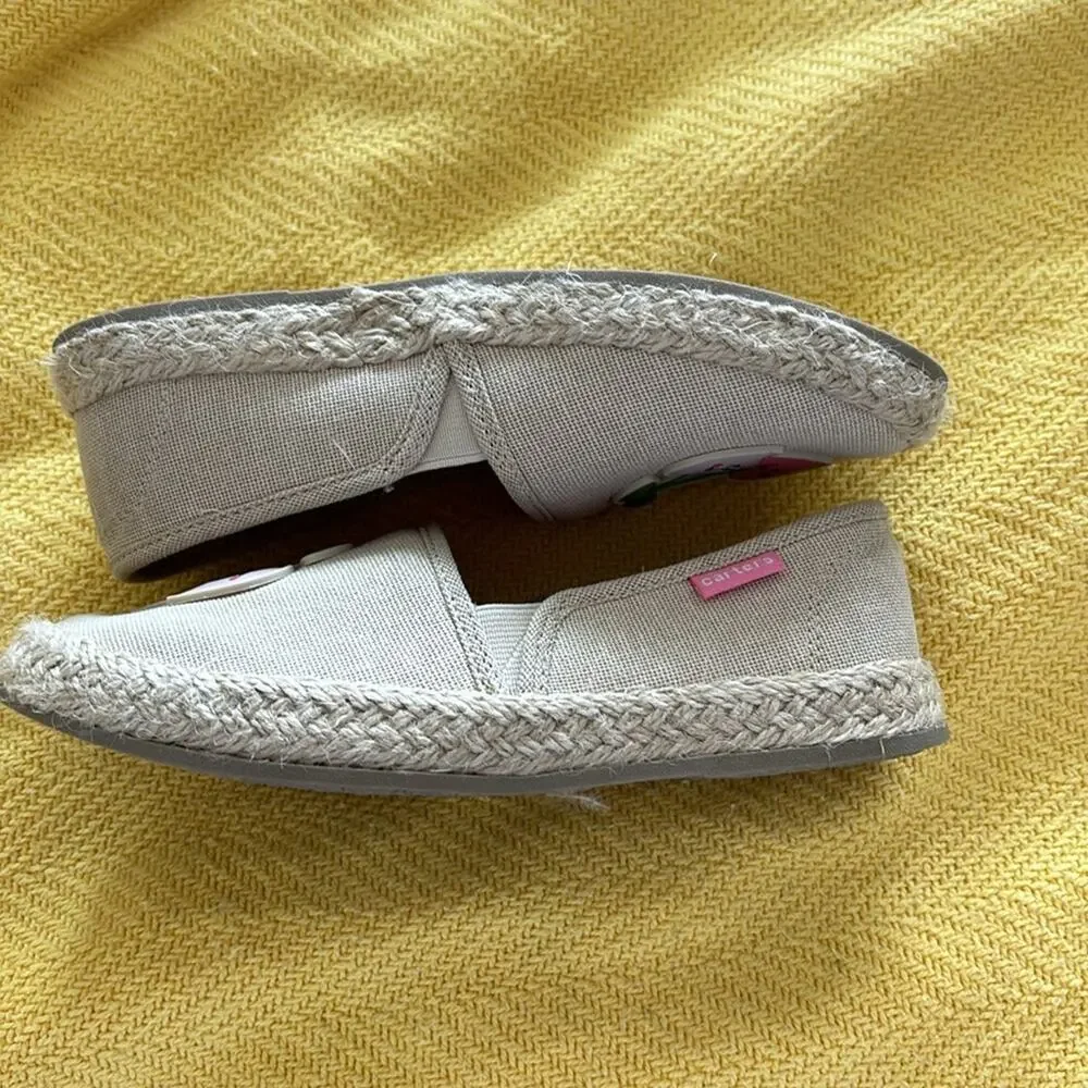 Carters tan linen strawberry toe detail slip on espadrille rubber sole nwot